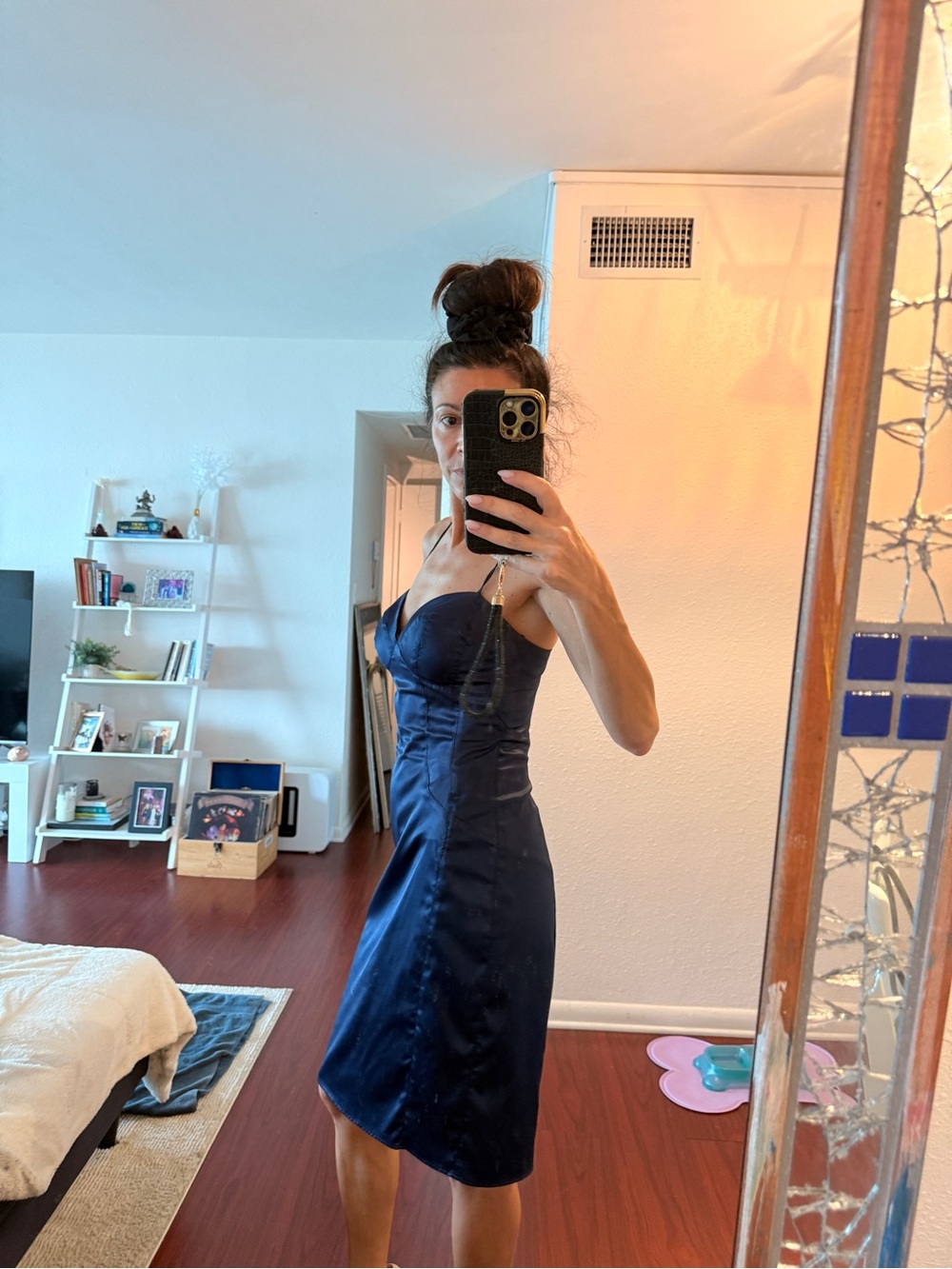Satin Navy Midi Dress with Thin Straps